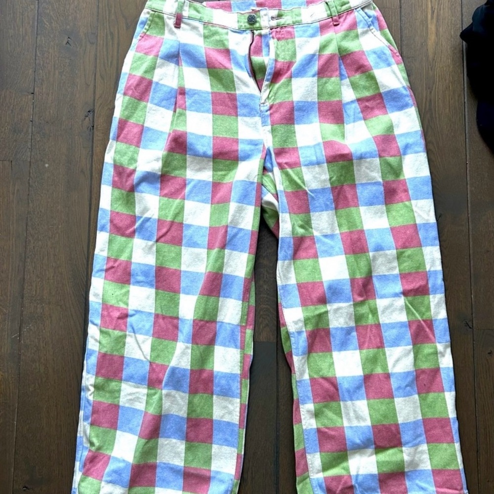 Luck & Yak Gingham Plaid Jeans 36W Reg organic cotton retail $125 boho colorful